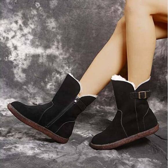 Black Ankle Boot Womens Size 5.5 Buckle Accent Faux Fur Bootie - Picture 2 of 9